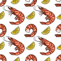 Poster - Seamless vector pattern of hand-drawn shrimps and lemon slices, vibrant illustration for culinary design.