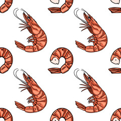 Poster - Seamless vector pattern of hand-drawn orange shrimps, featuring both whole shrimps and curled shrimp tails, creating a vibrant and appetizing seafood design.