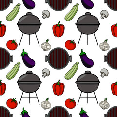 Poster - Seamless vector pattern of a charcoal grill with various vegetables like eggplant, zucchini, tomatoes, peppers, mushrooms, and onions, perfect for summer BBQ or cooking themes.