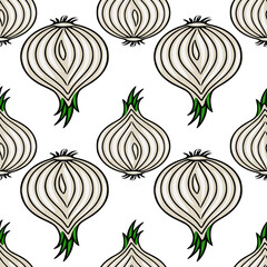 Poster - Seamless vector pattern of stylized onions with green sprouts, featuring a beige and white color scheme, perfect for culinary designs or kitchen-themed projects.