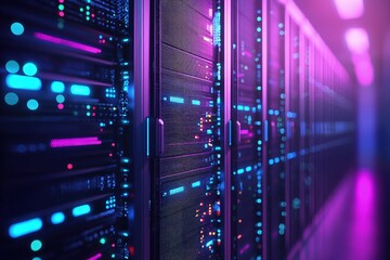 Poster - High tech server room with glowing blue and pink LED lights in a futuristic data center, ideal for cloud infrastructure, AI, cybersecurity, and network technology visuals