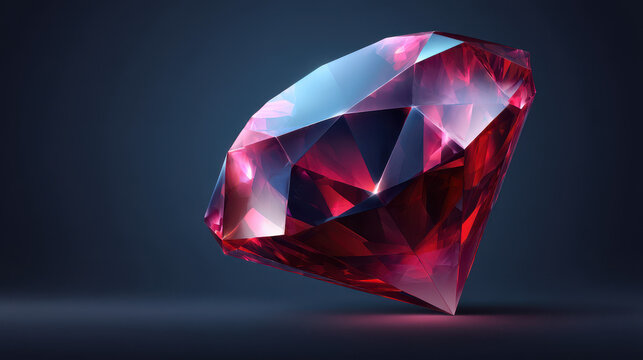 A beautifully rendered ruby gemstone with vibrant red color and intricate facets reflects light against a dark gray background to capture its brilliance and depth.