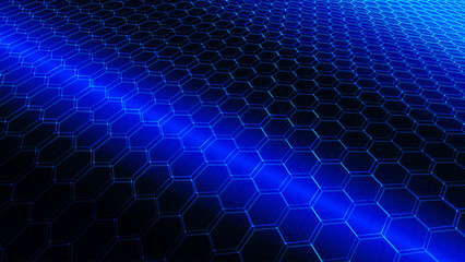Aufkleber - Dynamic abstract background featuring a repeating pattern of interconnected, glowing blue hexagons against a deep, dark backdrop.