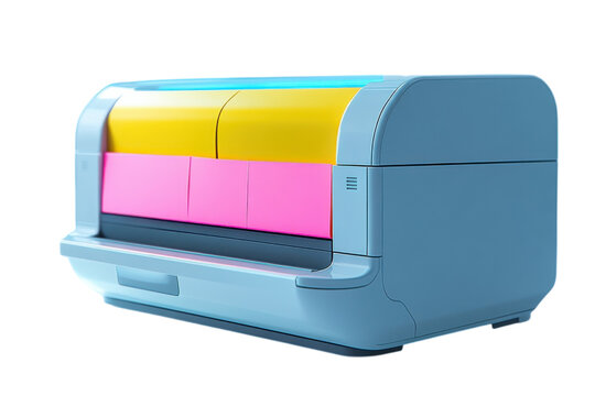 An artistic rendering of a futuristic storage and organizer with pastel drawers against black on transparent background