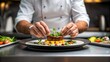 © Faysal - Chef plating gourmet dish in fancy restaurant kitchen — selective focus on hands and plate.High quality Jpg