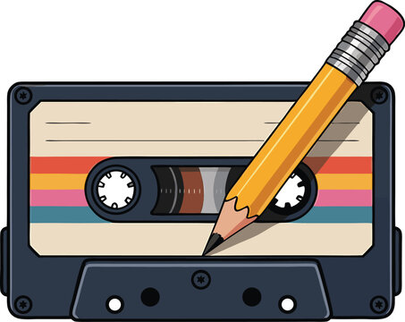 Retro illustration of a cassette tape with a pencil adding handwritten text or notes