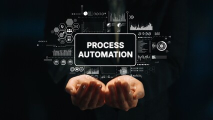 Poster - Hands Holding Conceptual Graphics of Process Automation in a Digital Environment with Data Visualizations. Asymptotic smart data analytic.
