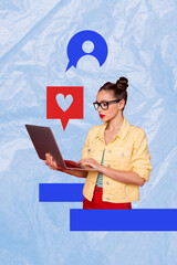 Aufkleber - 3D collage trend artwork composite sketch poster of popular application online click heart banner profile young woman type laptop internet