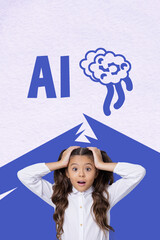 Poster - Vertical art 3d creative image collage of shocked schoolgirl hold head artificial intelligence helper technology app courses