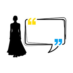 Poster - A woman silhouette standing next to a speech bubble with quote marks, isolated on white background