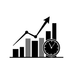 Poster - A bar graph with an upward trending arrow and a clock represents business growth, isolated on white background