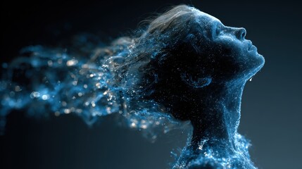 Poster - A woman appears to merge with flowing water, creating a striking visual effect. This artistic portrayal emphasizes themes of transformation and creativity, set against a dark background.