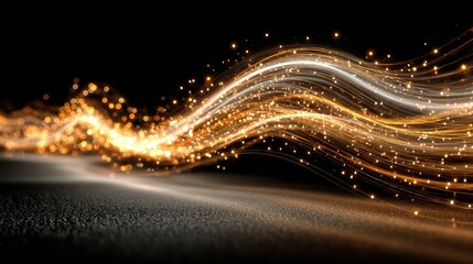 Fototapete - Flowing streams of golden light twist and turn gracefully against a black background, creating an enchanting atmosphere filled with sparkle and movement.