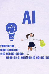 Poster - Artwork 3d zine image vertical collage of happy schoolgirl stand light bulb generation prompt software modern technology