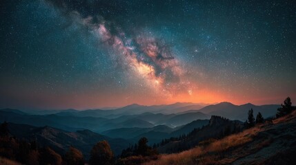 Wall Mural - A breathtaking view of the Milky Way arching across the night sky above a serene mountainous landscape. Twilight casts a soft glow, enhancing the natural beauty of the scene.