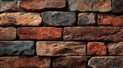 Poster - Close-up view of a textured wall made of bricks in varying shades of brown, red, and gray. The arrangement shows natural markings and weathered appearances, ideal for design inspirations.