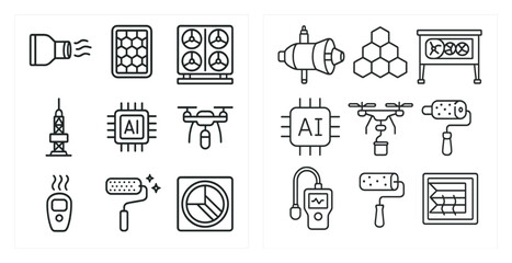 Poster - Set of icons for technology and science. The icons include a computer, a robot, a drone, a cell phone, a camera, a light bulb, a microphone, a keyboard, a mouse, a TV, a projector, a robot