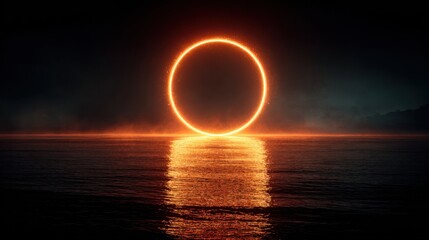 Wall Mural - At twilight, an orange ring emerges above the serene water, casting a warm glow on the mist. The tranquil landscape captivates with its dramatic colors and peaceful ambiance.