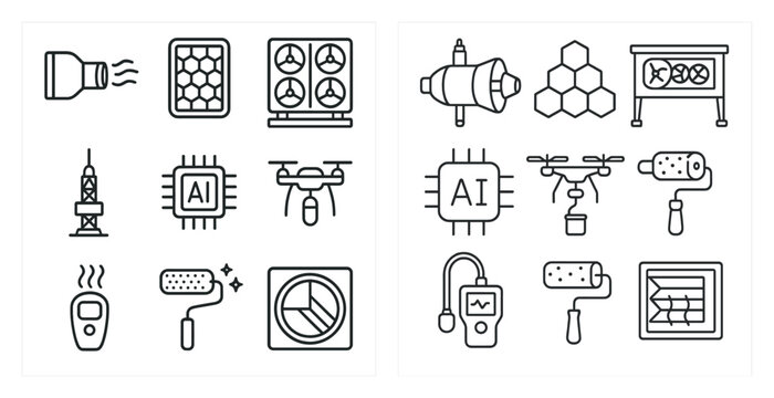 Set of icons for technology and science. The icons include a computer, a robot, a drone, a cell phone, a camera, a light bulb, a microphone, a keyboard, a mouse, a TV, a projector, a robot