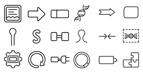 Poster - Set of icons for a computer program. The icons include a person, a DNA strand, a DNA molecule, a square, a triangle, a circle, a rectangle, a line, a star, a plus sign, a minus sign