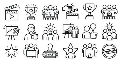 Poster - Collection of icons that represent different aspects of a project or a team. The icons include a movie camera, a trophy, a person giving a thumbs up, a person giving a thumbs down