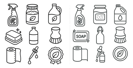 Poster - Set of black and white icons for household cleaning supplies. The icons include a bottle of soap, a bottle of cleaner, a bottle of detergent, a bottle of shampoo, a bottle of conditioner