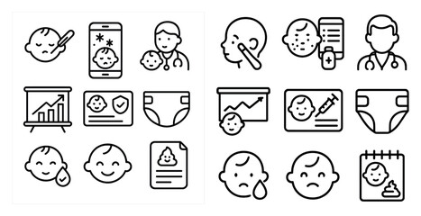 Poster - Set of baby icons including a doctor, a baby, a diaper, a bottle, a stethoscope, a thermometer, a syringe, a baby monitor, a baby's head, a baby's face, a baby's body,