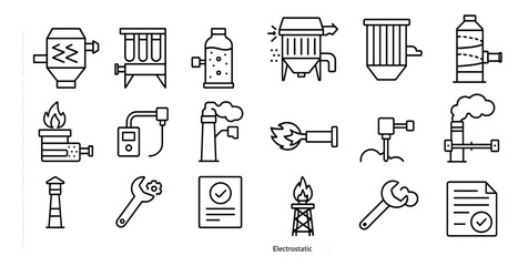 Poster - Series of icons depicting various industrial processes. The icons include a wrench, a fire, a pipe, and a piece of paper. Scene is industrial and technical