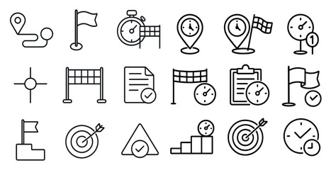 Poster - Collection of icons that include a clock, a paper, a flag, and a goal. The icons are all in black and white and are arranged in a grid
