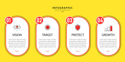 Poster - Infographic template 4 Step timeline journey isolated yellow background, Data visualization flat simple design. presentation graph. Business timeline creator 4 options, vector illustration.