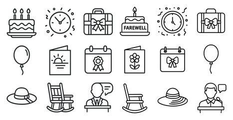Fototapete - Set of icons for various occasions, including a birthday cake, a suit, a chair, a clock, and a suitcase