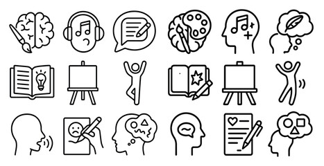 Poster - Set of icons that represent different activities and emotions. Some of the icons include a book, a pencil, a heart, and a person doing yoga