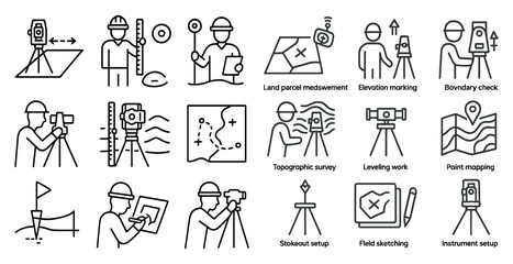 Fototapete - Series of icons depicting various surveying and mapping activities. The icons include a man holding a level, a man holding a compass, a man holding a tape measure, and a man holding a GPS device