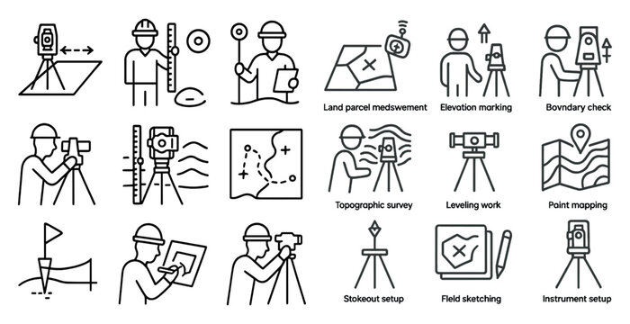 Series of icons depicting various surveying and mapping activities. The icons include a man holding a level, a man holding a compass, a man holding a tape measure, and a man holding a GPS device