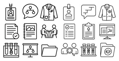 Fototapete - Set of icons for a medical office. The icons include a person in a lab coat, a clipboard, a computer, a chair, a book, a folder, a person in a suit, a person in a lab coat