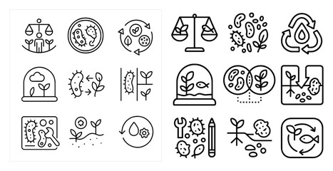 Fototapete - Set of icons for a science theme. The icons include a scale, a person, a plant, a fish, a pencil, a knife, a cup, a spoon, a fork, a bowl, a knife, a spoon