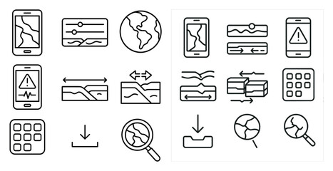 Fototapete - Set of icons for a phone app. The icons include a phone, a magnifying glass, a cell tower, a globe, and a red and white warning sign