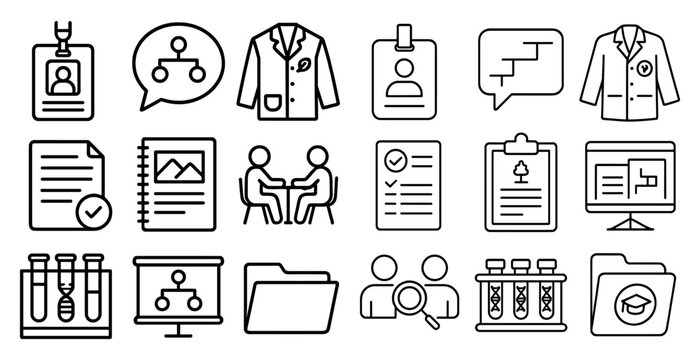 Set of icons for a medical office. The icons include a person in a lab coat, a clipboard, a computer, a chair, a book, a folder, a person in a suit, a person in a lab coat