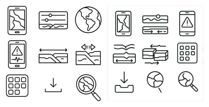 Set of icons for a phone app. The icons include a phone, a magnifying glass, a cell tower, a globe, and a red and white warning sign