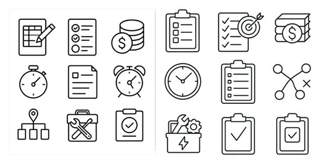 Fototapete - Set of icons for various tasks and goals. The icons include a clock, a check mark, a dollar sign, and a book. The clock is positioned in the center of the image