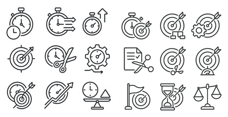 Fototapete - Set of icons that represent time, goals, and targets. The icons include clocks, scissors, and arrows