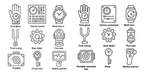 Poster - Set of icons for various time-related devices and accessories. The icons include a watch, a stopwatch, a clock, a wristwatch, a timer, a clock face, a clock hands, a clock dial