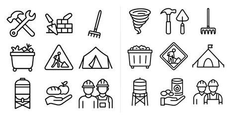 Fototapete - Set of construction and farm related icons. The icons include a hammer, a wrench, a shovel, a pick, a fork, a knife, a wheelbarrow, a bucket, a tent, a building, a person