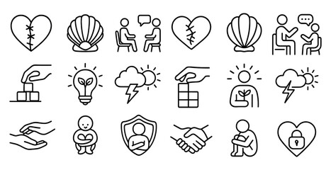 Fototapete - Series of black and white icons that represent different emotions and feelings. The icons include a heart, a shell, a person holding hands, a person with a broken heart, a person with a box