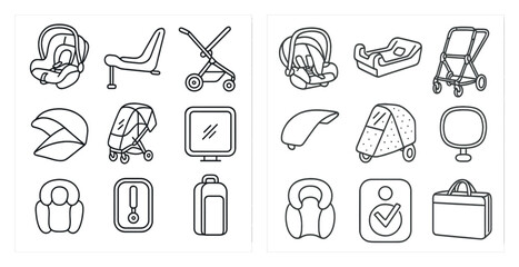 Poster - Set of baby items including a stroller, car seat, and a diaper bag. The items are arranged in a grid, with each item separated by a small space. Scene is that of a baby's essentials