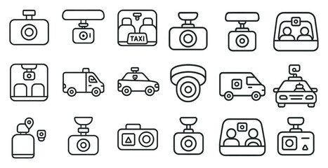 Fototapete - Set of black and white icons for various types of vehicles and devices, including a taxi, a police car, a camera, and a van