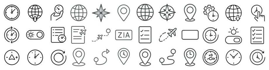 Fototapete - Collection of icons including a clock, a globe, and a compass. The icons are all in black and white