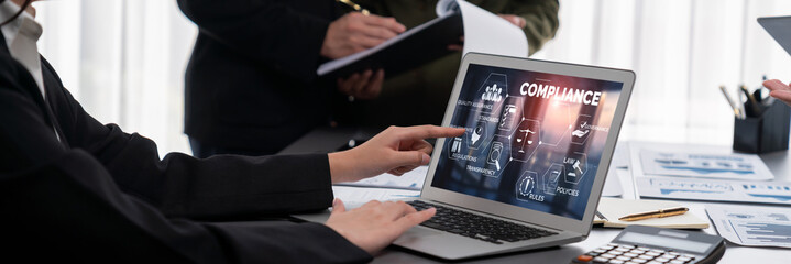 Poster - panorama shot analyst team utilizing bi fintech to analyze financial report with laptop. businesspeo