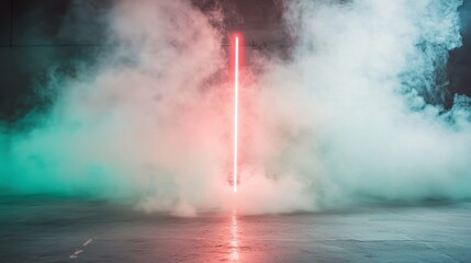 Poster - Colorful neon light beam cutting through thick fog in an industrial setting during nighttime