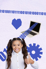 Poster - Banner image artwork exclusive collage of happy schoolgirl show thumb up gesture artificial intelligence gears futuristic app